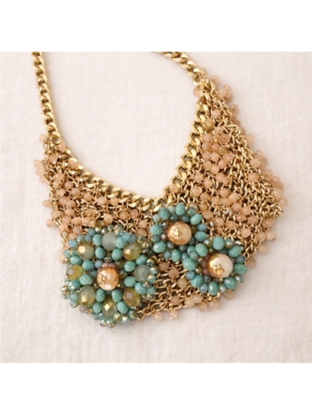 VTG Gold Statement Necklace with Turquoise and Blush Pink Color Beads